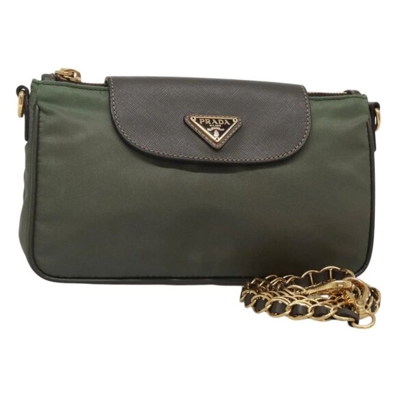 PRADA Chain Shoulder Bag Nylon Khaki Gold - Picture 1 of 16